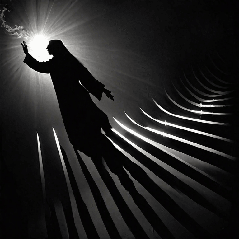 Silhouette of a person reaching towards a bright light with dramatic shadows cast in horizontal lines.