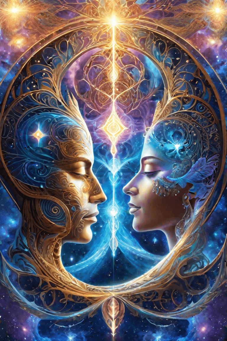 Artistic representation of two profiles with cosmic energy and intricate golden patterns, symbolizing spiritual connection.