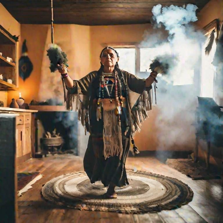 A Native American woman performing a traditional smudging ceremony with smoke in a rustic interior setting, symbolizing cultural spiritual practices.