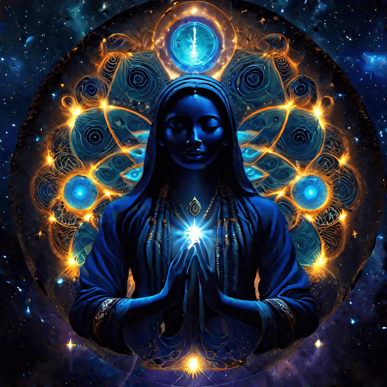 Artwork featuring a female figure in prayer with illuminated chakras surrounded by a mystical blue mandala.