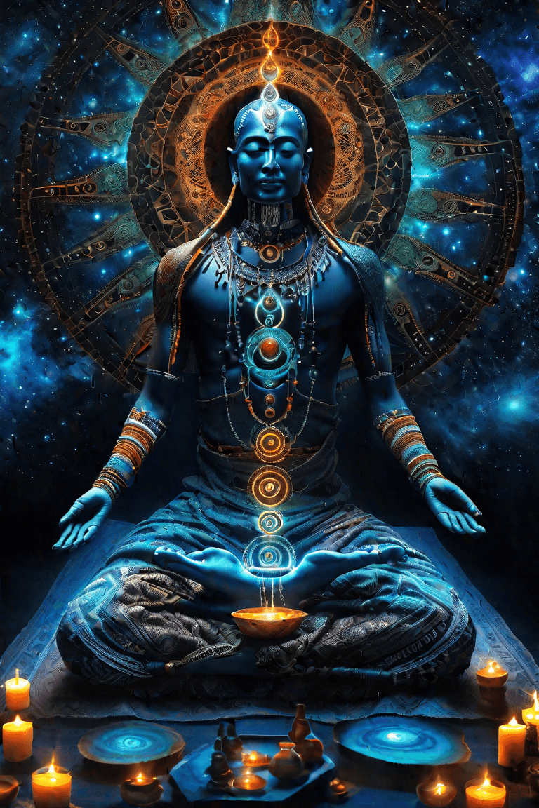 Vivid image of a seated figure in deep meditation, aligning the seven chakras, with a glowing aura in a tranquil setting.