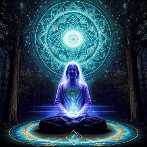 Digital art of a person meditating with glowing energy chakras and a mandala, set against an enchanted forest backdrop.